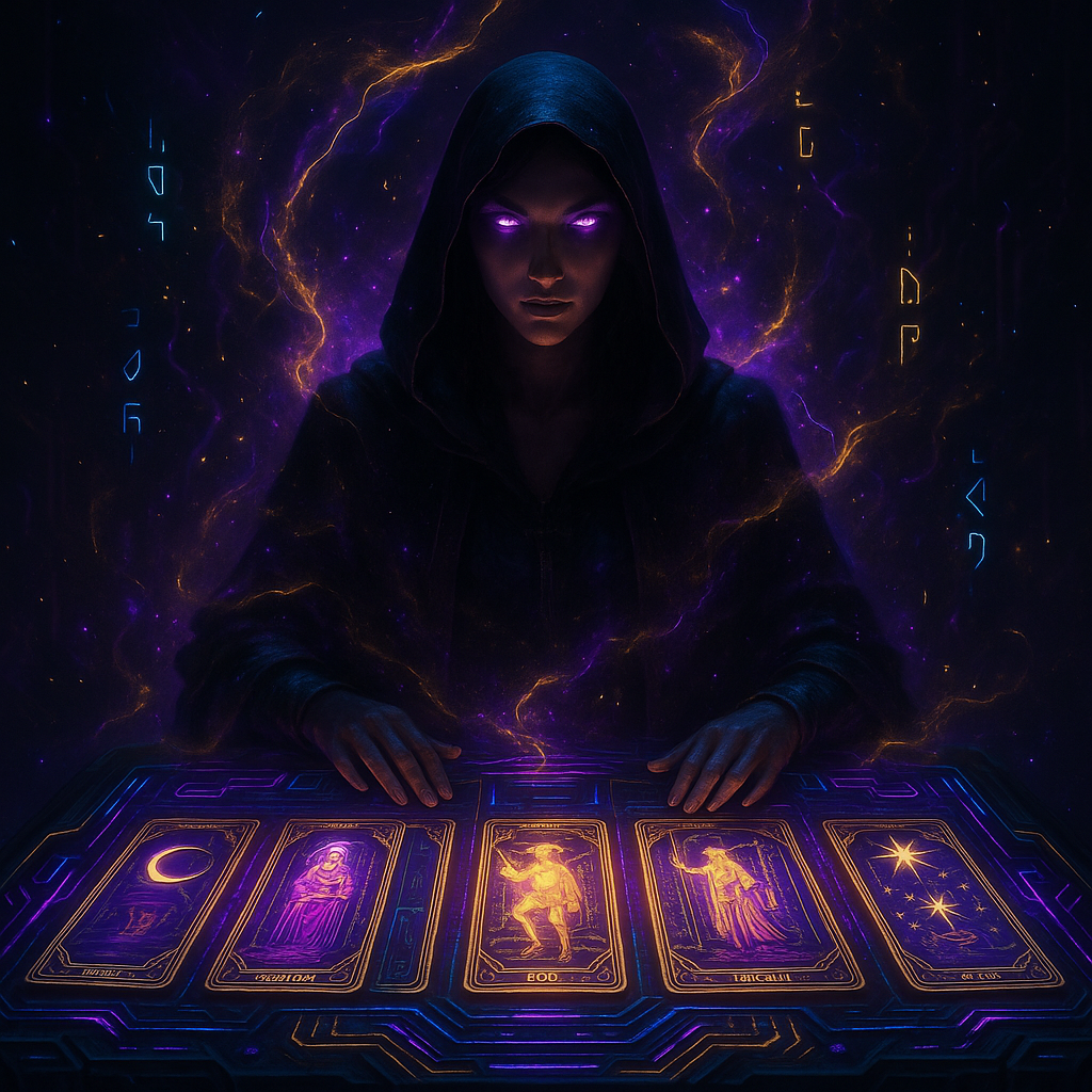 Guia Arcanos Maiores com figura mística e cartas de tarot brilhantes